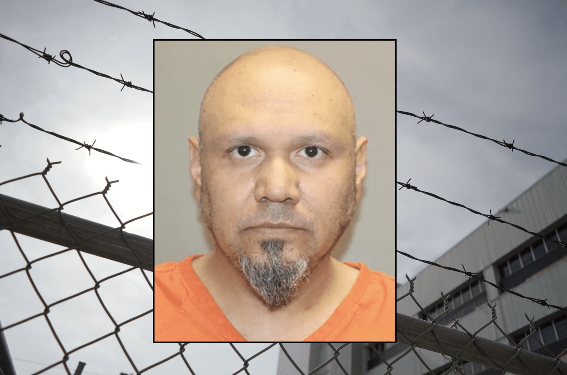 A mugshot of Camilo Reyes Castillo, a bald man with a salt-and-pepper goatee wearing a bright orange inmate jumpsuit. His face is superimposed over a bleak, gray background featuring a prison facility and a chain-link fence topped with barbed wire—the upscale real estate he'll be occupying for the next six decades.