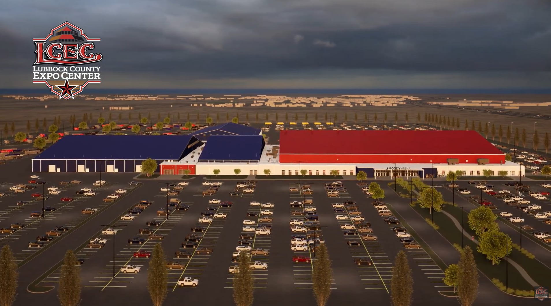A rendering of the proposed Lubbock County Expo Center and "Moody Arena," complete with the official LCEC logo in the corner, illustrating the latest design in a project already notorious for wasted funds.