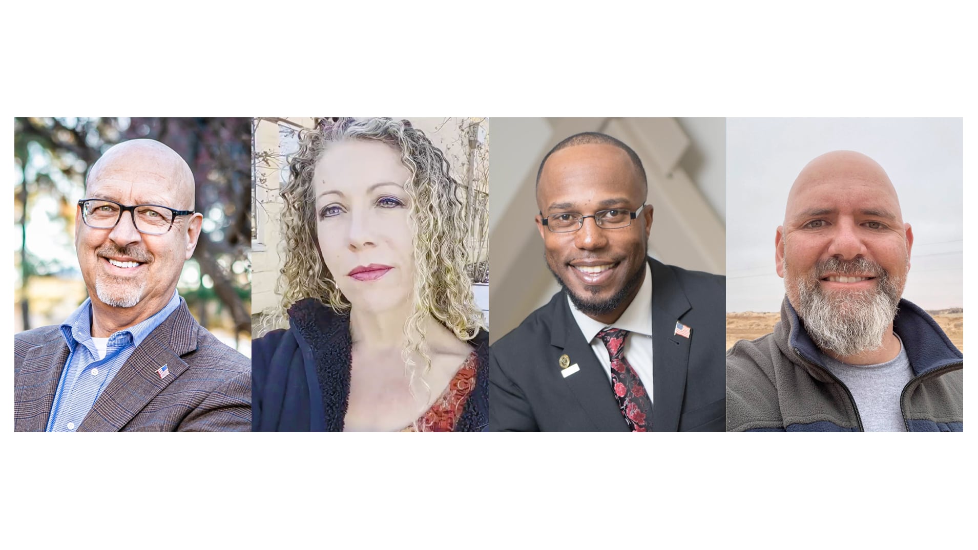 A four-panel composite image featuring the 2026 Lubbock mayoral candidates: incumbent Mark McBrayer , Peggy Bohmfalk , Stephen Sanders, and G. Todd Winans, all wearing their best "I promise I won't raise your taxes (but I totally will)" smiles.