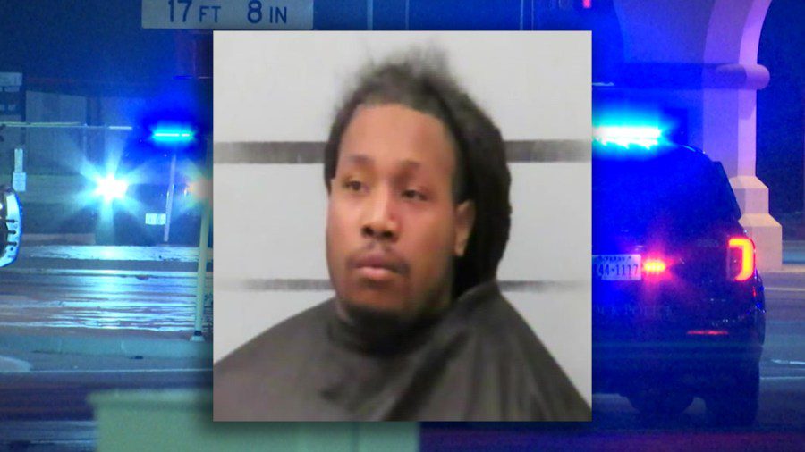 A composite image showing the mugshot of Anthony Washington over a blurry background of Lubbock police car lights at the scene of a night-time accident.