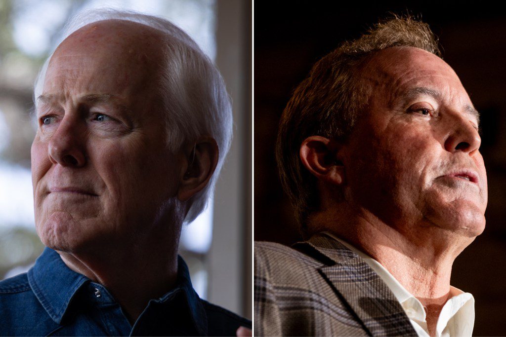 A side-by-side comparison of Senator John Cornyn and Attorney General Ken Paxton looking intense during their 2026 Senate primary battle.