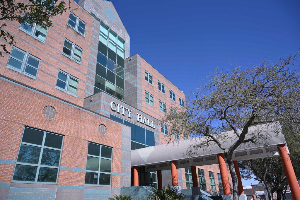 Corpus Christi City Hall on March 17, 2026, basking in the sun while the city's reservoirs sit at a pathetic 8% capacity.