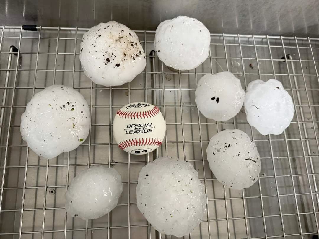 A collection of jagged, baseball-sized hail chunks sitting on a wire rack, proving that the West Texas sky is currently playing target practice with our car insurance premiums.