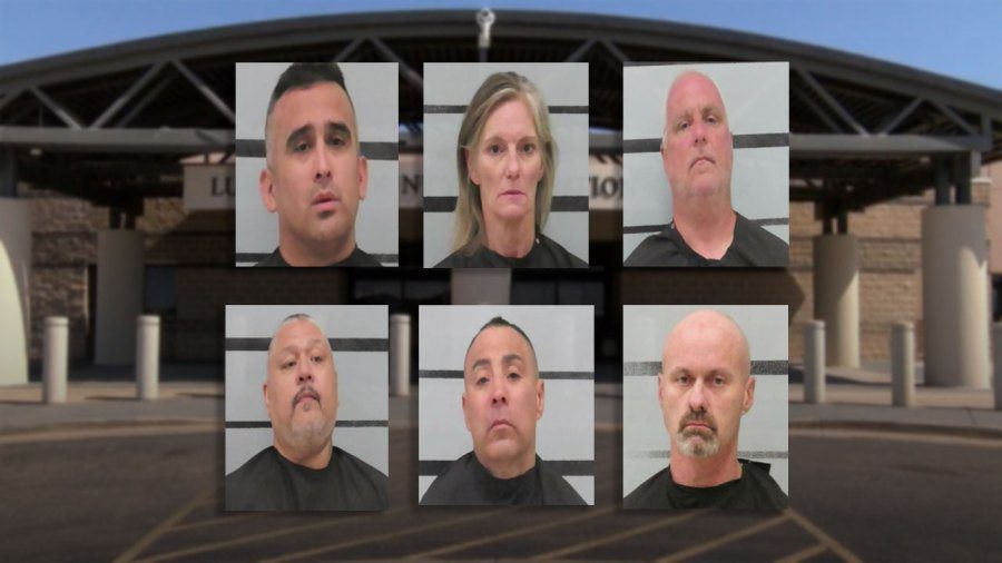 Six mugshots of individuals involved in a Lubbock methamphetamine trafficking ring, arranged over a background of the Lubbock County Detention Center.
