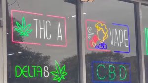 Neon signs for THC A, Delta 8, and CBD glowing in a window, representing the terrifying gas station snacks that our local officials blame for everything but the weather.