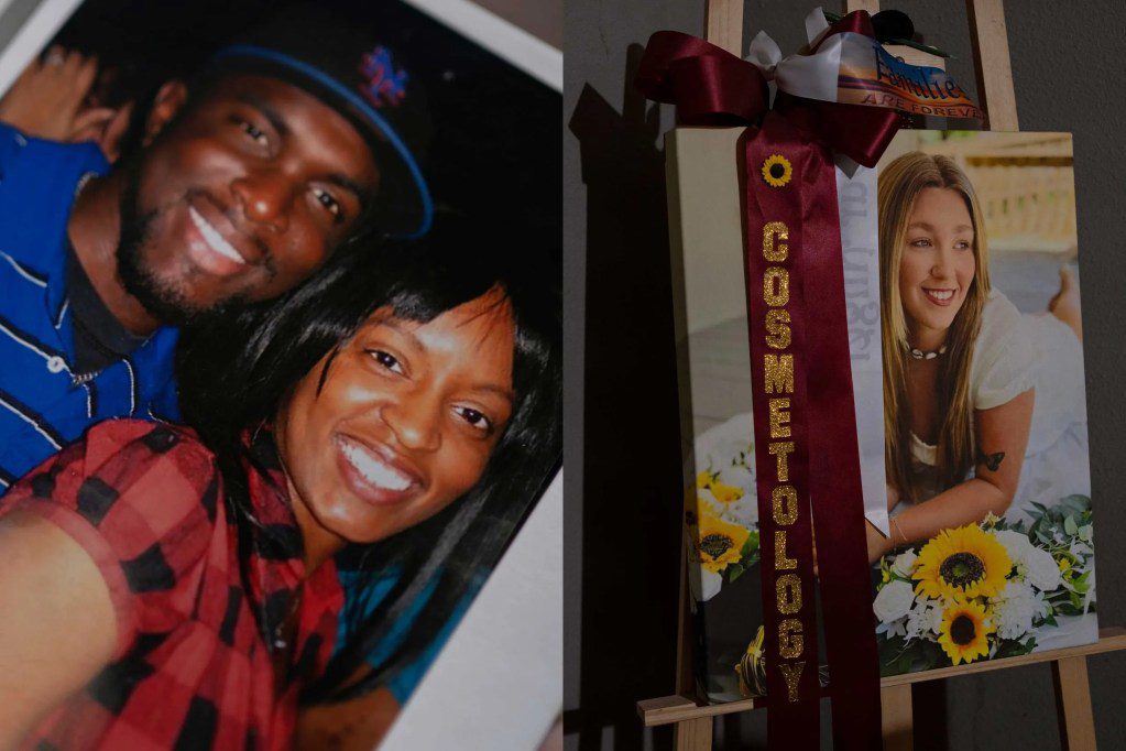 A split image showing victims of Texas medical negligence: 18-year-old Nevaeh Crain smiling with a friend, and a memorial canvas of Porsha Ngumezi decorated with sunflowers and a "Cosmetology" ribbon.