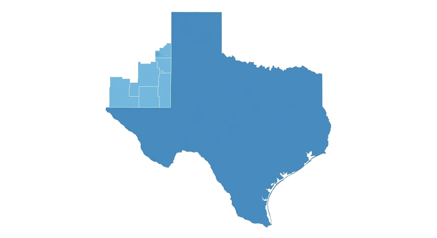 A map of Texas with three eastern New Mexico counties shaded in a lighter blue, making the state's western border look like it's protruding into New Mexico.