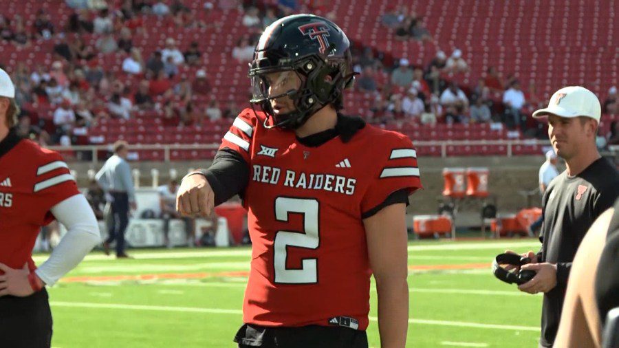 Texas Tech quarterback Brendan Sorsby on the field in a red Red Raiders jersey pointing his finger.