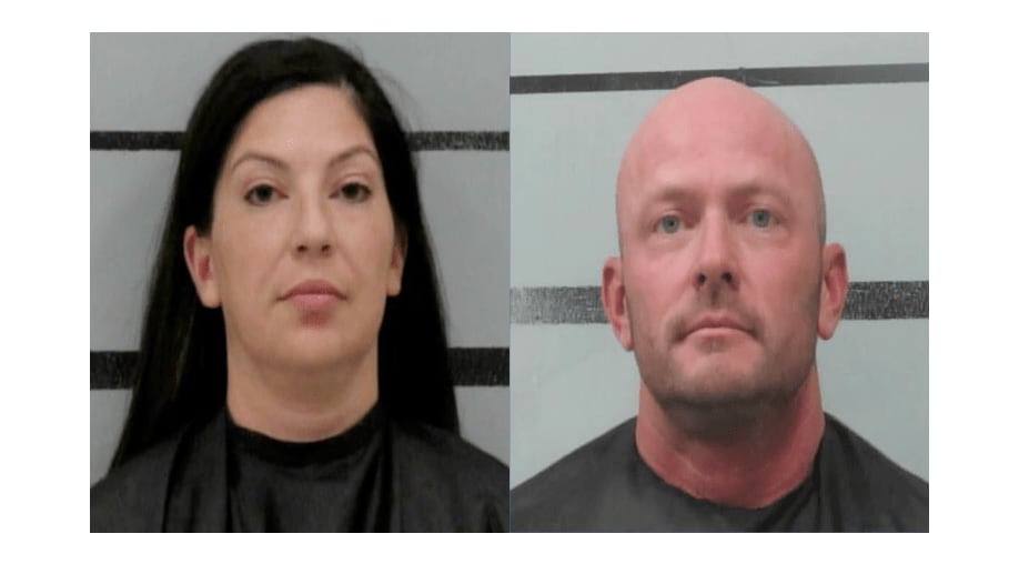 Side-by-side mugshots of Lubbock Police Officer April Mora and Lubbock Firefighter Jonathan Forkner.