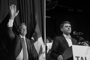 Side-by-side black and white photos of Texas Attorney General Ken Paxton waving to a crowd and state Representative James Talarico speaking at a campaign podium.