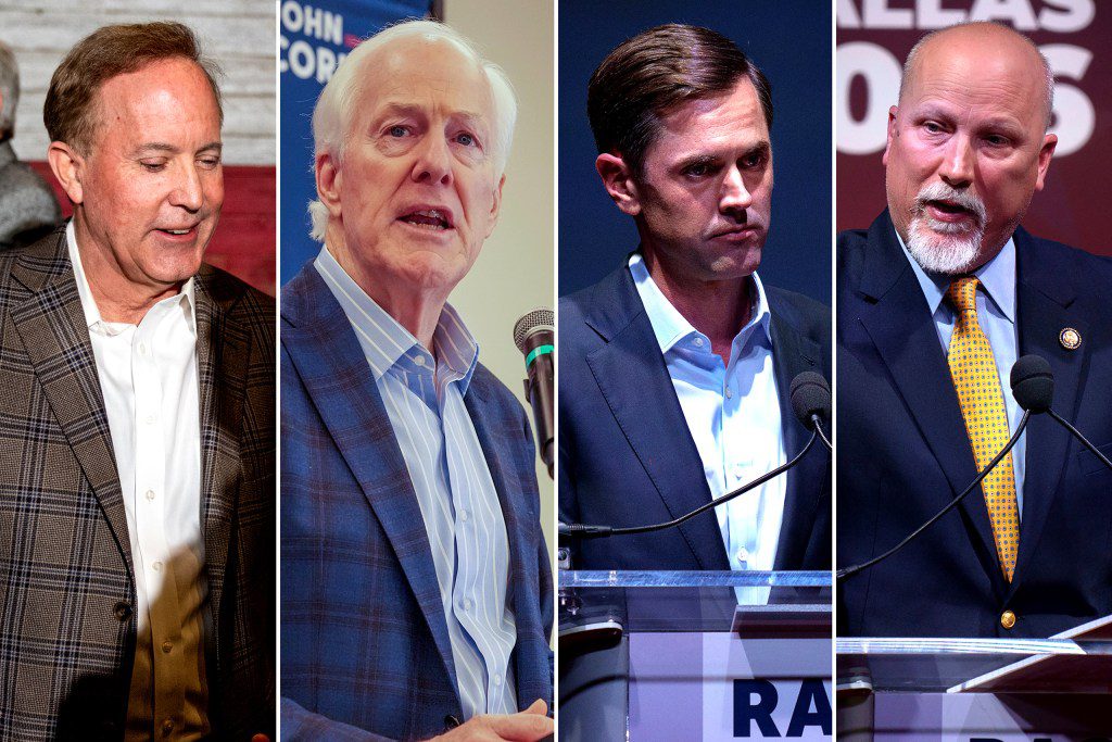 A four-panel photo collage featuring Texas Republican politicians Ken Paxton, John Cornyn, and other candidates speaking at campaign events.