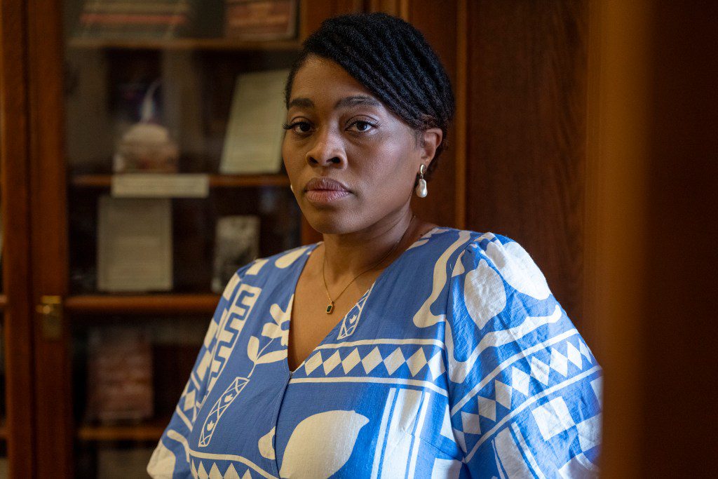 Lynn Callaway sitting for a portrait in Austin, Texas, after filing a federal complaint against area hospitals for denying her miscarriage care.