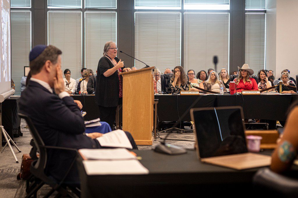 Margaret Hale, a clinical professor from the University of Houston, speaking at a podium to testify before members of the Texas State Board of Education.