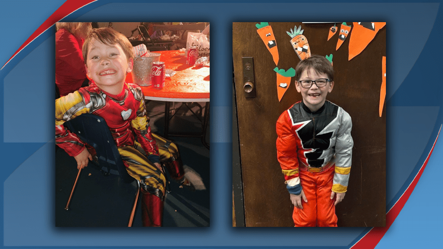 Two side-by-side photos of a smiling 6-year-old boy named Tyler; on the left, he wears an Iron Man costume, and on the right, he wears a Power Ranger costume.
