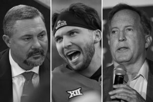 Black and white composite photo featuring Texas Tech Regents Chair Cody Campbell, former quarterback Brendan Sorsby, and Texas Attorney General Ken Paxton.