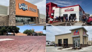A collage of new commercial developments in Lubbock including a Crunch Fitness storefront, a crowded Layne's Chicken Fingers opening, a brick street, and a Valvoline oil change station.