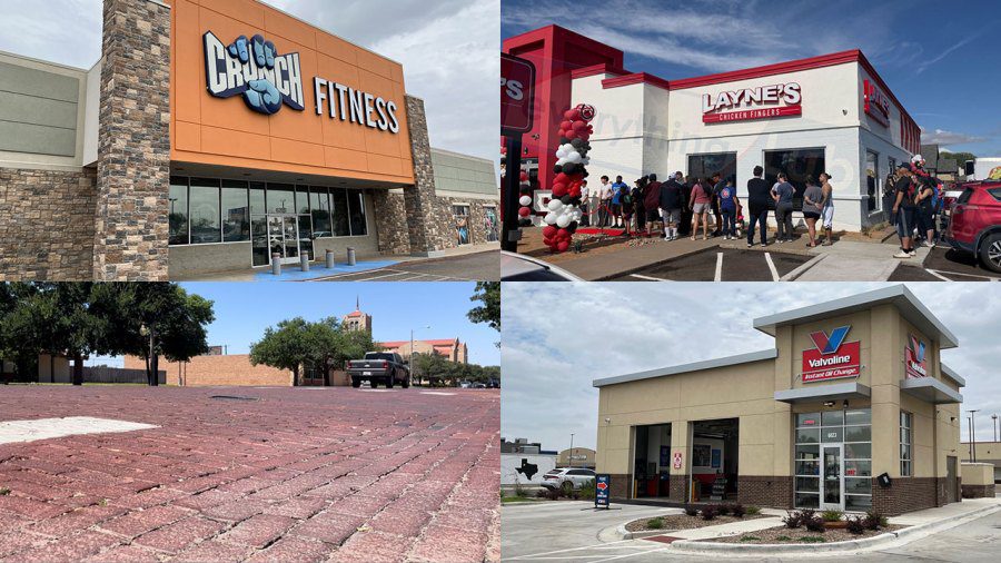 A collage of new commercial developments in Lubbock including a Crunch Fitness storefront, a crowded Layne's Chicken Fingers opening, a brick street, and a Valvoline oil change station.