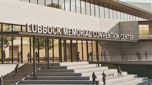 Concept rendering of the renovated Lubbock Memorial Civic Center featuring concrete stairs and a glass facade.